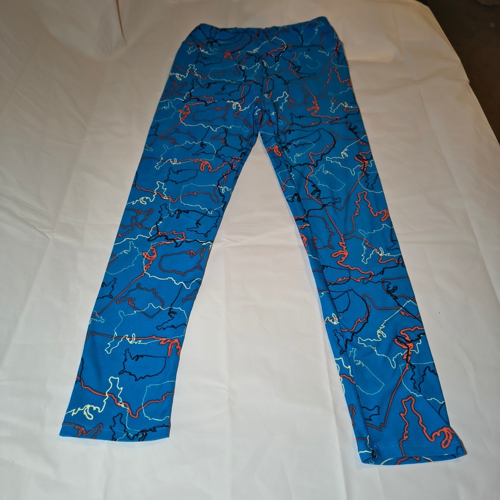 LuLaRoe One Size Leggings Blue Abstract Map Topographical‎ Print OS Yoga Pants